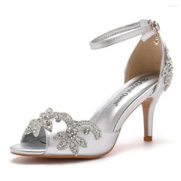 Dress Shoes RYAMAG Women White Silk 7CM High Heels Banquet Rhinestone Wedding Sweet Wild Single Sandals Bride Party Pumps