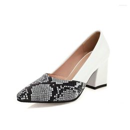 Dress Shoes 32-43 Coarse Heel Women 7.5cm High Work Snake Pattern Stitching Point Toe Ladies Pumps