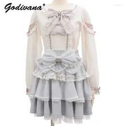 Women's Blouses Japanese Liz Mine Mass-Produced Lace Splicing Knitwear Embroidered Bow Color Matching Ribbon Long Sleeve Blouse Lolita