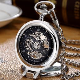 Pocket Watches Gorben Stainless Steel Men Fashion Casual Watch Skeleton dial Silver Hand Wind Mechanical Male Fob Chain 230426