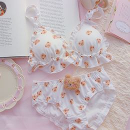 Bras Sets Little Bear Bra and Panty Set Kawaii Lolita Push Up Bra Padded Cartoon Japanese Girl Soft Cute Underwear Thin Bras Bralette Set 230427