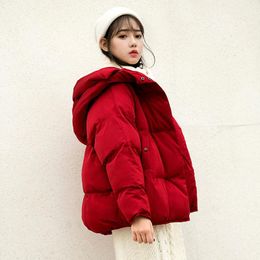 Parkas Red Women's Down Feather Jackets Coat Winter Baggy Thickening Warm Bubble Hooded Female Puffer Cotton Padded Jacket Outwear