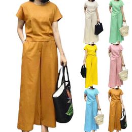 Women's Two Piece Pants Summer Women Elegant Set Loose Short Sleeve Blouses And High Waist Wide Leg Suit Female Casual Tops Outfits