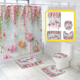 Covers Fashion Flamingo Flower Vine Print Home Decor Bathroom Toilet Sets Shower Curtain Mats Carpet Home Textile Sets Rideau De Douche
