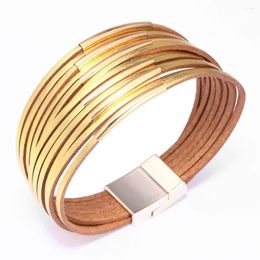 Charm Bracelets Kirykle Metallic Conduit Gold Colour Leather For Women Fashion Boho Multilayer Wide Wrap Bangle Female Jewellery