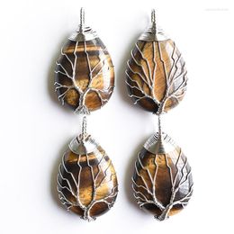 Pendant Necklaces Wholesale 4pcs/lot Fashion White Colour Wire Wrap Handmade Tree Of Life Drop Shape Natural Tiger Eye Stone Pendants