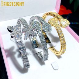 Chain Iced Out Bling Butterfly Heart Bracelet Silver Colour CZ Zircon Oval Charm Opened Bangle For Men Women Hiphop Luxury Jewellery 231127