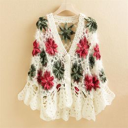 Sweaters Vintage Crochet Cardigan Women Floral Embroidery Hollow Out Crochet Tops Outwear Boho Retro Knitted Sweater Coat Jumper