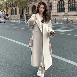 Women's Jackets Korean Fashion Women Casual Loose Woollen Coat Elegant Chic Solid Outerwear Long Overcoat With Belted Female Warm Cloak