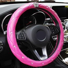 Steering Wheel Covers 5Color Upscale Crystal Crown Coverd Women Car Steering- Braid Luxury Diamond PU Leather Cover Diameter 38cm