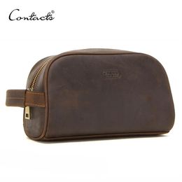 CONTACT'S cosmetic bag small for men crazy horse leather vintage toiletry case black travel bag hand-held make up wash bags m269A