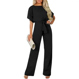 Women's Two Piece Pants Women One Round Neck Pullover Overalls Solid Color Rompers Elastic Waist Wide Leg Sets Loose Casual Slim Fit