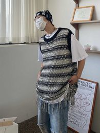 Men's Tank Tops HOUZHOU Striped Mesh Vest for Men Vintage Knit Sleeveless Tee Male Casual Summer Beach Japanese Streetwear Hip Hop 230426