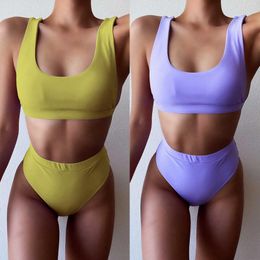 Women's Swimwear 2023 Sexy Solid Color Female Swimsuit High Waist Bikini Women Two-pieces Set Bather Bathing Suit Swim