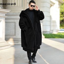 Men's Fur Faux Fur Mauroicardi Winter Black Oversized Long Warm Fluffy Faux Fur Coat Women with Hood Long Sleeve Zipper Loose Korean Fashion 231127