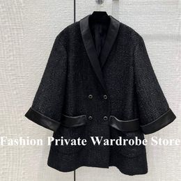 Blends Luxury Fashion Black Loose Long Tweed Jacket Women 2022 Early Spring Satin Silk Patchwork Lapel Long Sleeve Pockets Vintage Coat