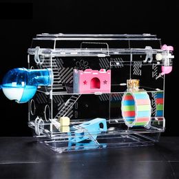 Cages Traystyle Hamster House Acrylic Oversized Villa Package Guinea Pig Cage Transparent Small Pet Feeding Box Single Double Layer