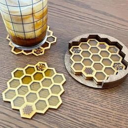 Table Mats 1 Set Cup Mat Heat-resistant Anti-scald Wooden Base Honeycomb Hexagon Pad For Dining Room