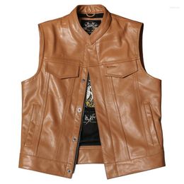 Men's Vests SOA Motorcycle Biker Leather Vest Mens Genuine Sleeveless Jackets Stand Collar Multiple Pockets Yellow Cowhide Waistcoat