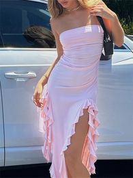 Casual Dresses CHRONSTYLE Sexy Strapless Off Shoulder Midi Women Ruffles Split Beach Summer Slim Fit Party Female Vestido 230427