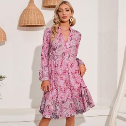 Casual Dresses Autumn V-Neck Flared Long Sleeve Chiffon Dress Women's Floral Print Boho Elegant Button Ruffle Pleated Loose