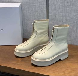 The row white smooth Leather Ankle Chelsea Boots platform zip slip-on round Toe block heels Flat Wedges booties chunky boot luxury designer44