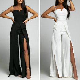 Women's Swimwear Sexy One Shoulder Rompers Jumpsuit Summer Sleeveless Belt Wide Leg Elegant Lady Size Bodycon Jumpsuits White Black 230426