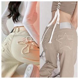 Women's Jeans 2023 Vintage Y2k Star Flowers Plush Straight Pants Wide Leg Baggy Streetwear Casual Pocket Trouser Khaki