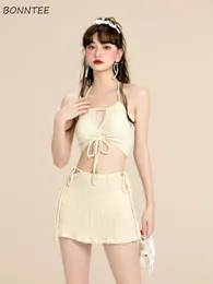 Women's Swimwear Bikinis Sets For Women Solid Lace-up Design Young Students Beach Style Ulzzang Summer Bathing Fashion Girlish