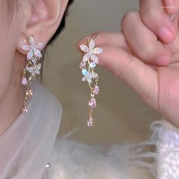 Dangle Earrings Romantic Tassel Alloy Silver Needle For Women Flower Super Flash Zircon Light Luxury Moonstone High End Jewellery Gift