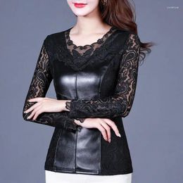 Women's Blouses 1pcs Tops 2024 Spring Lace PU Leather Embroidery Splicing Hollow Long Sleeve Primer Ladies Skinny Retro Shirts