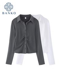 Shirts 2022 Spring New Women Solid Blouse Long Sleeve Polo Casual Shirt Women's Korean Style Chic Folds Button Tops Office Lady Blusa