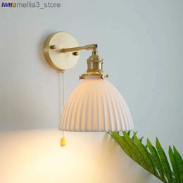 Wall Lamps IWHD Pull Chain Switch LED Wall Light Fixtures Bedroom Living Room Bathroom Mirror Beside Lamp Copper Ceramic Wall Sconce Q231127