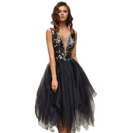 JEHETH Charming Black Sequin Homecoming Dress Sexy V-Neck Short Cocktail Tulle Sleeveless Party Prom Ball Gown Custom Made