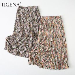 Dresses TIGENA Vintage Pleated Maxi Skirt Women Fashion 2020 Summer Casual Holiday Floral Print Chiffon High Waist Long Skirt Female