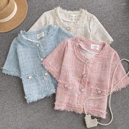 Women's Vests French Chic Sweet Blouse For Women Fashion Short Sleeve Tassel Lapel Single Cardigan Summer Versatile Ladies Tops Drop