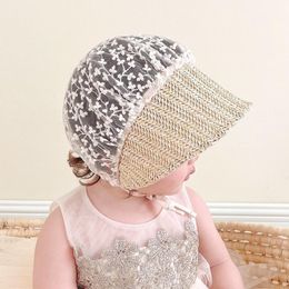 Caps Hats Princess Baby Girl Infant Soft Lace Up Straw Bonnet Cap Summer Lace Flower Baby Hat Toddler Sun Hats born Pography Props 230427