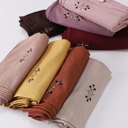 Ethnic Clothing Premium Ribbed Jersey Hijab Muslim Plain Scarf Crepe Rhinestone Soft Islamic Shawls Wraps Headband Voile Femme Musulman