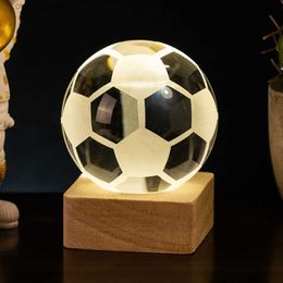 Night Lights 3D Soccer Basketball Earth Atmosphere Lamp Crystal Ball Table Decorative Beech Wood Base Creative Night Light Gift for Friends YQ231204