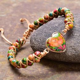 Charm Bracelets Colourful Natural Stone Heart Shaped Bead Woven Beaded Bracelet Adjustable Friendship Friend Women Gift Boho Jewellery