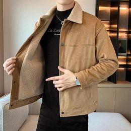 Men's Jackets Corduroy For Men Winter Lamb Velvet Coat Cargo Padded Jacket Male Turn Down Collar Cashmere Fleece Thick Cotton Outerwear