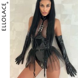 Women's Jumpsuits Rompers Ellolace Porn Fishing Net Latex Bodysuit Ruffle Garters Halter Sexy Costume 2-Piece Sissy Zipper Open Crotch Leather Body Teddy 230426