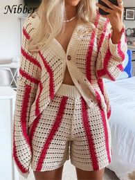 Dress Nibber Autumn Knitted 2Two Piece Set Women Grids Loose Cardigan Sweater Coat+ High Waist Stretchy Shorts Outfits Female Suit