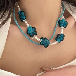Chains Elegant Blue Imitation Pearl Glass Flower Beaded Necklace For Women Girls Delicate Clavicle Chain Gifts DESIGN JEWELRY