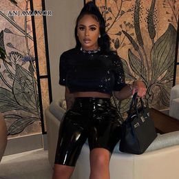 Dress ANJAMANOR PU Leather Black Two Piece Biker Short Set for Women Clubwear Sexy Hot Fall Outfits Latex Matching Sets D85FE31