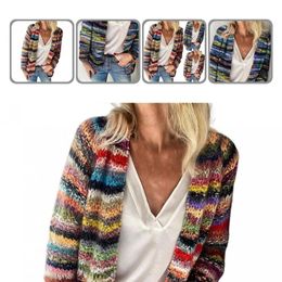 Cardigans Coat Casual Rainbow Stripes Long Sleeve Knitted Coat Autumn Winter Office Lady Sweater Rainbow Stripes for Party