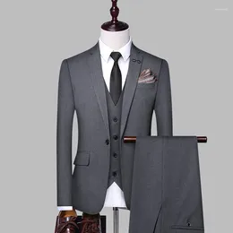 Men's Suits Men Business Pant 3 Piece Set (Blazer Pants Vest) Grey Chic Wedding Party Clothes Office Male Solid Colour Slim Jacket