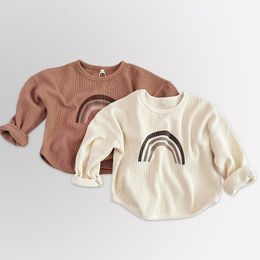T-shirts Kids bottoming T-shirts Spring rainbow Waffle Tops Boys and girls round neck long sleeve Tees 230427
