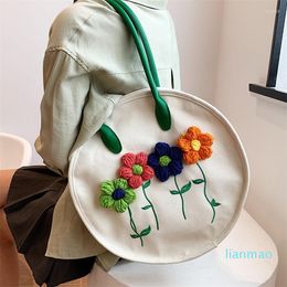 Evening Bags Three-dimensional Flower Embroidery Women Cotton Round Shaped Shoulder Bag Tote Female Canvas Girl's