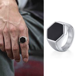 Cluster Rings Hexagon Signet Ring Classic Hex Stainless Steel Ring Geometric Band Elements Jewellery 230426